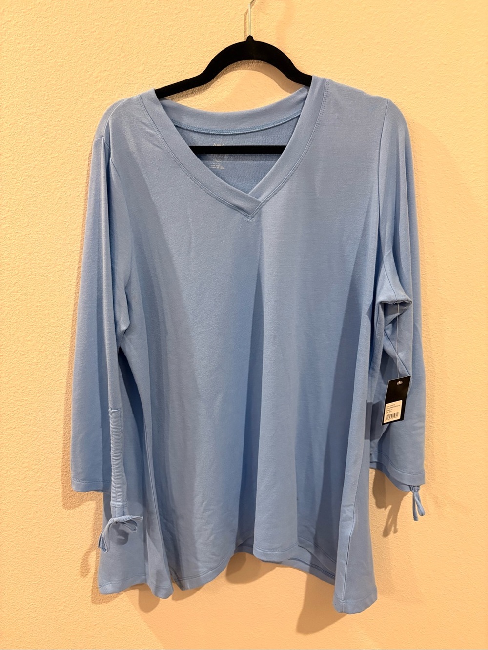 Avenue Sky Blue V-Neck Long Sleeve Top with Tie Cuffs